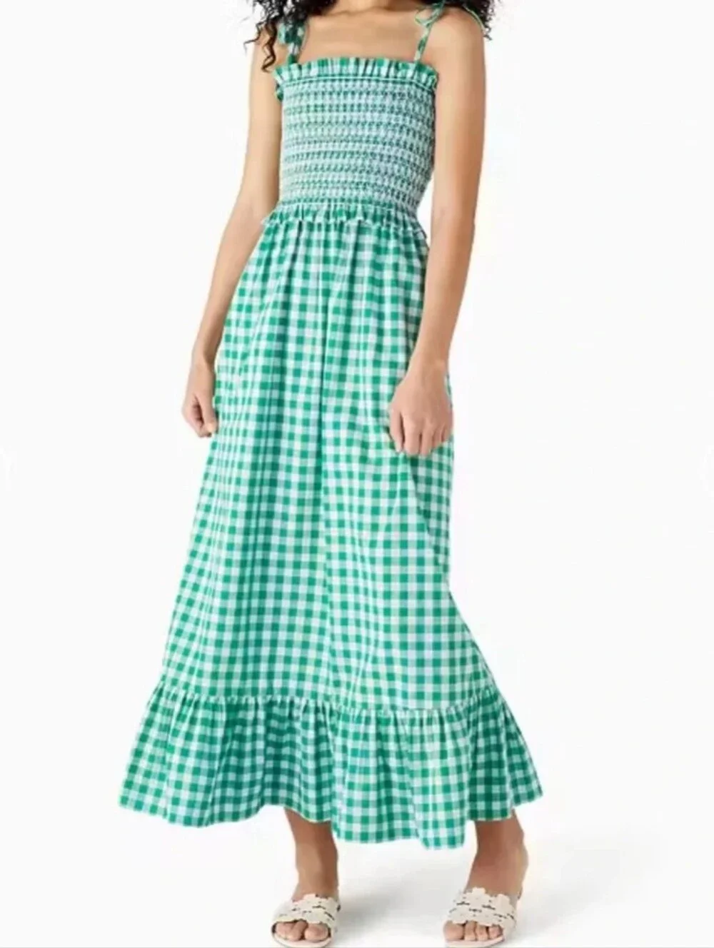 Kate Spade Gingham Smocked Bodice Maxi Dress Green White XSmall